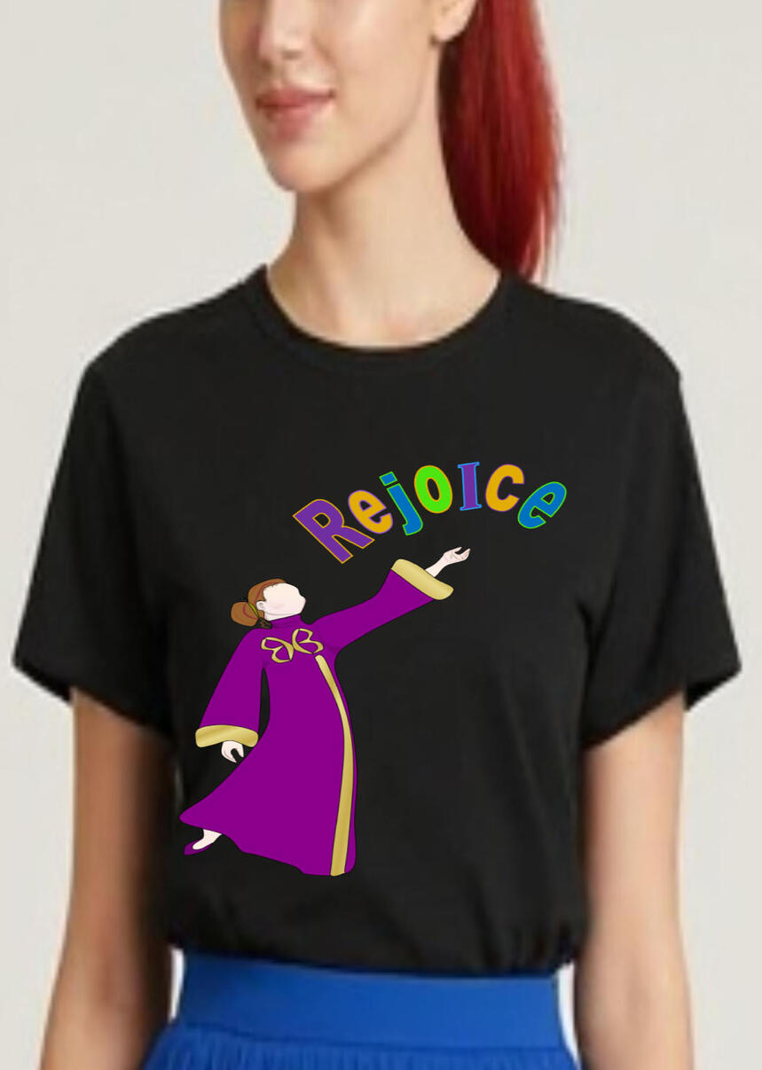 Rejoice Women's Girls Christian T-shirt. Featuring a female Praise Dancer wearing purple and gold liturgical attire.