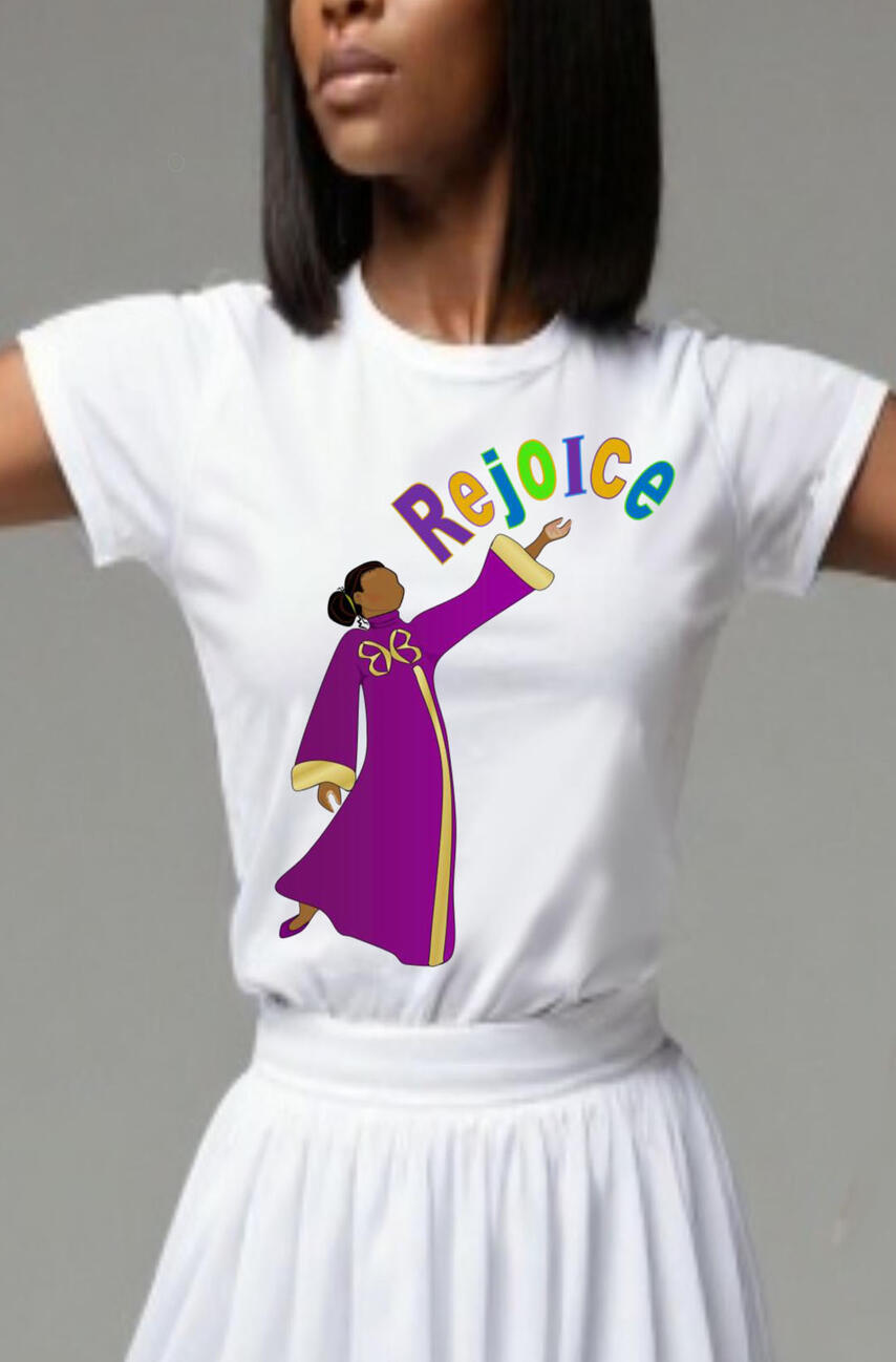 Rejoice Christian Women and Girls T-shirts. Featuring a Praise Dancer dressed in liturgical attire.