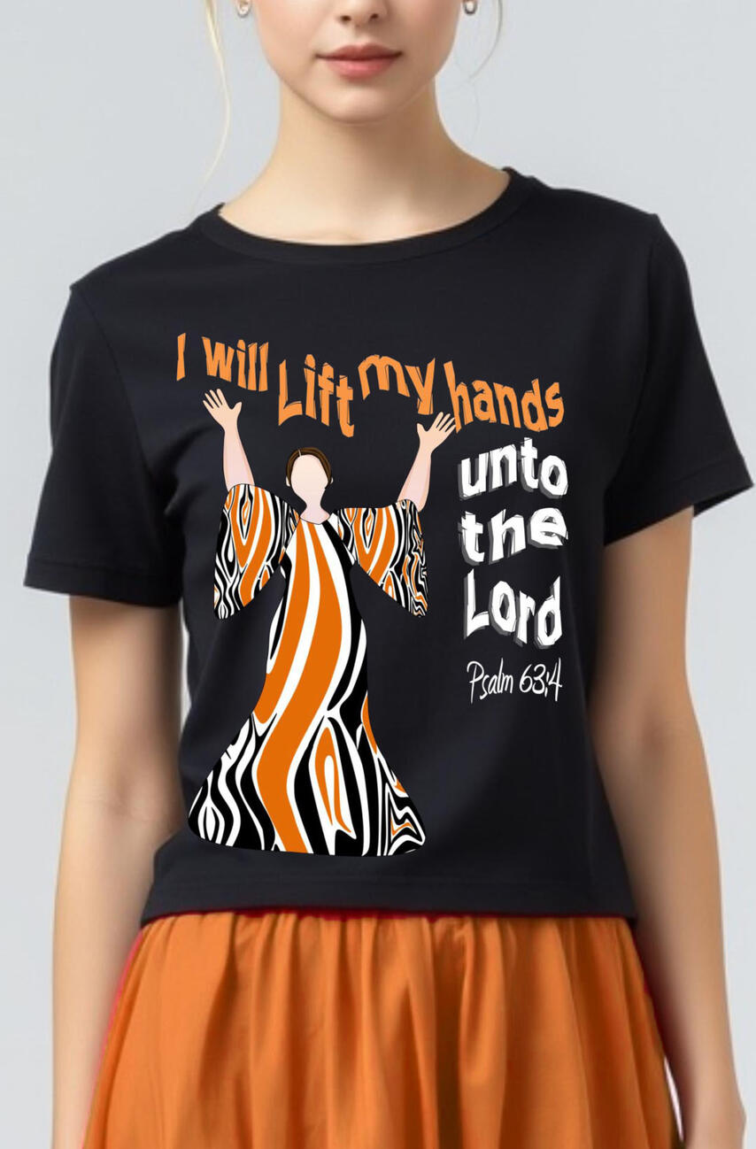I Will Lift My Hands Unto The Lord Women's Christian T-shirt. Featuring a Praise dancer clapping hands, butterflies, and music notes.