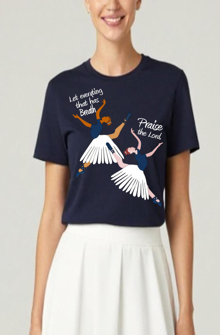 Let Everything That Has Breath Praise The Lord, Women's, Girl's, Christian T-shirts. Featuring two Praise dancers wearing white and blue dance attire.