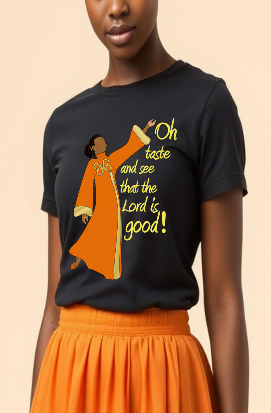 **Oh Taste And See That The Lord Is Good, Women's, Girl's Christian T-shirts. Featuring a female Praise Worship Dancer wearing orange and gold attire.