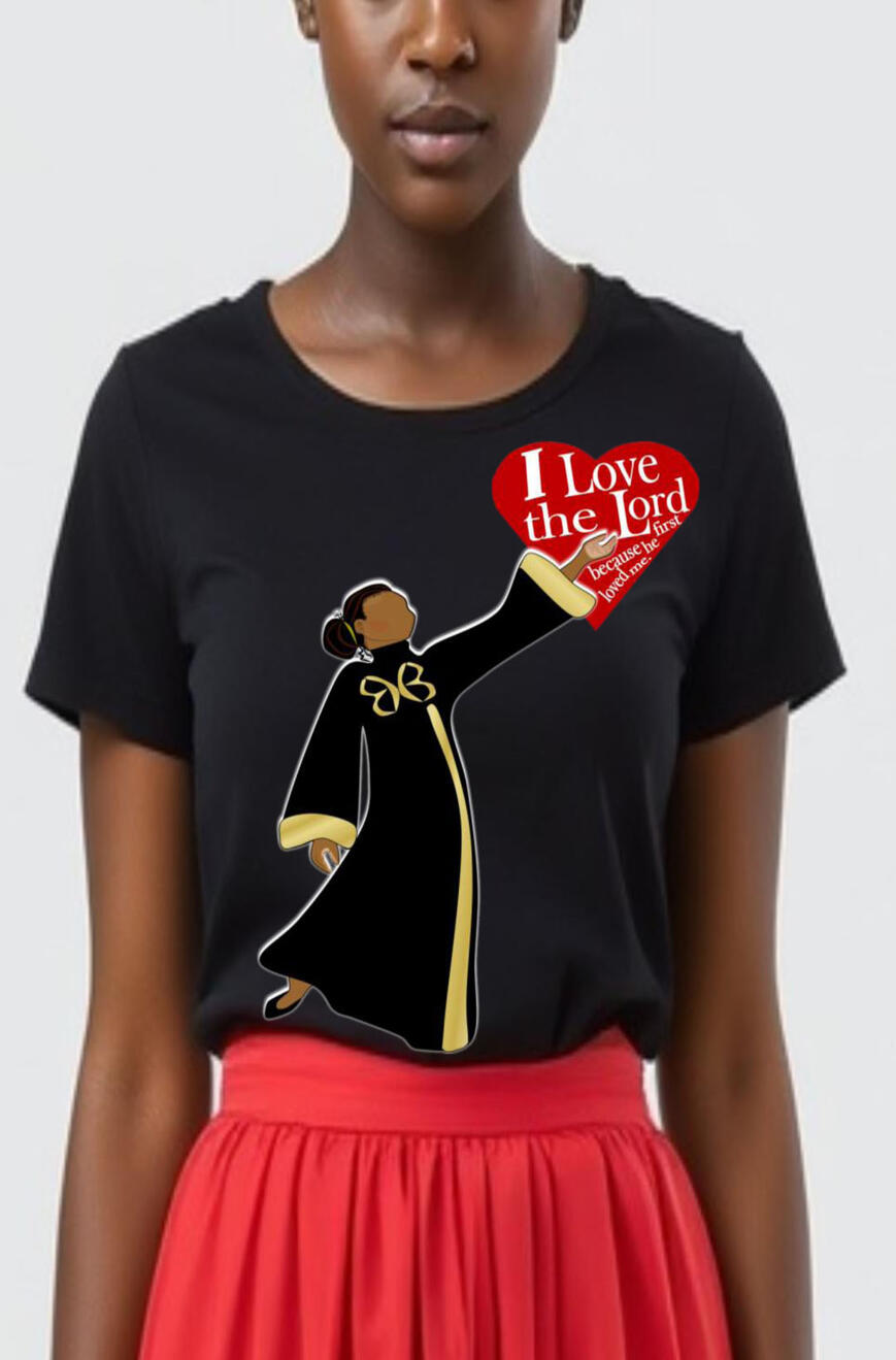 I Love The Lord Praise & Worship Women's, Girl's, Christian T-shirts. Featuring a praise dancer with a red heart.