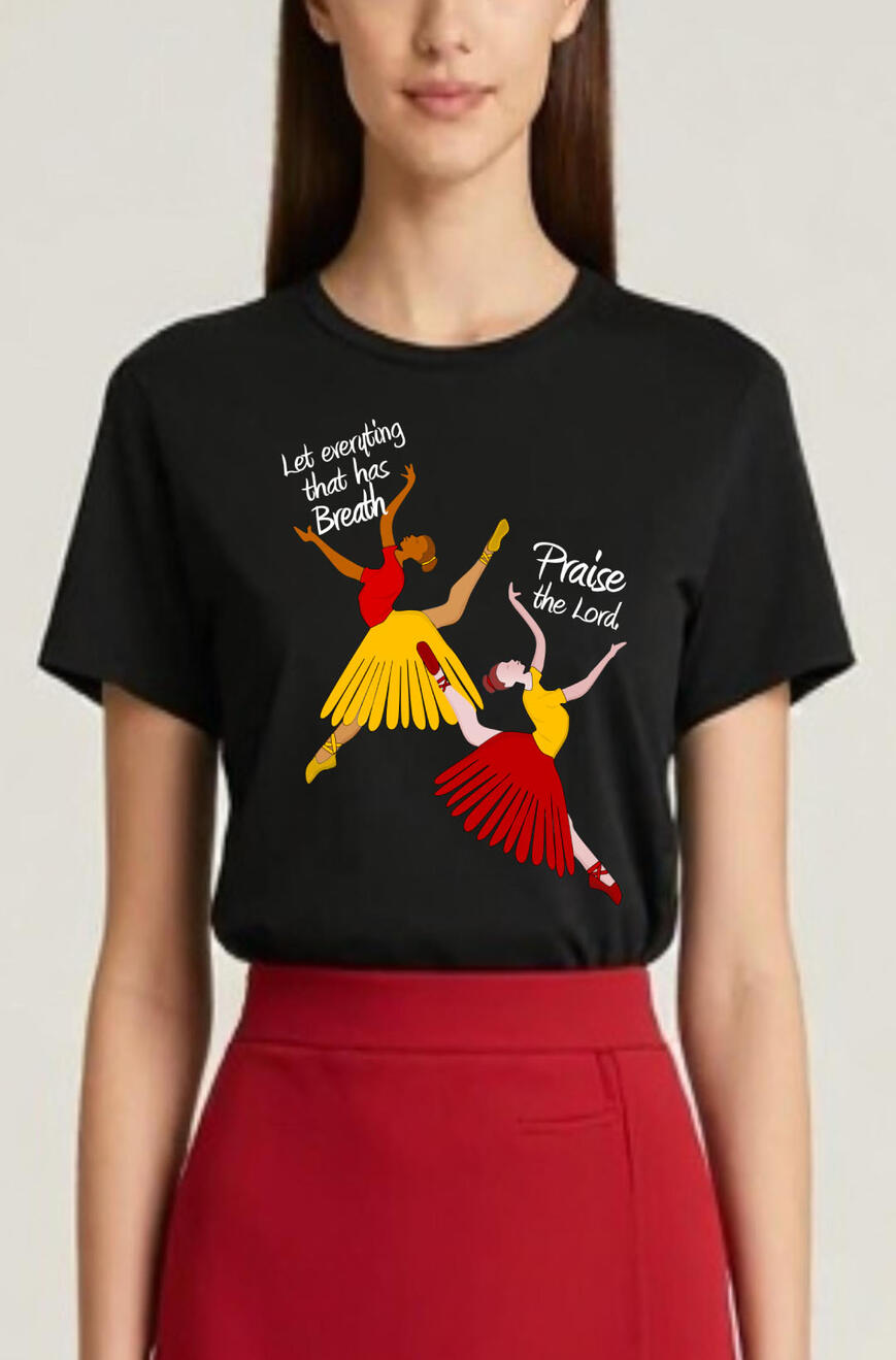 Let Everything That Has Breath Praise The Lord Women's, Girl's, Christian T-shirt. Featuring two praise and worship dancers wearing red and yellow liturgical attire.