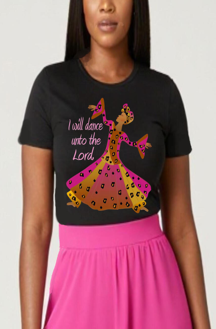 Dance Unto The Lord Women's, Girl's Christian T-shirt. Featuring a praise and worship dancer wearing brown and pink leopard design liturgical attire.