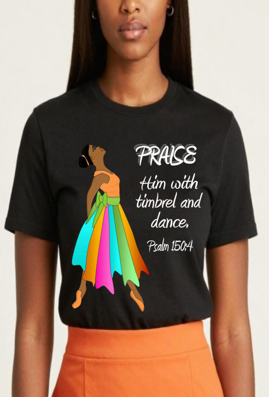 I Praise Him With Timbrel and Dance, Women's, Girl's, Christian T-shirt. Featuring a praise and dance worshiper wearing blue, orange, pink, and green liturgical attire.