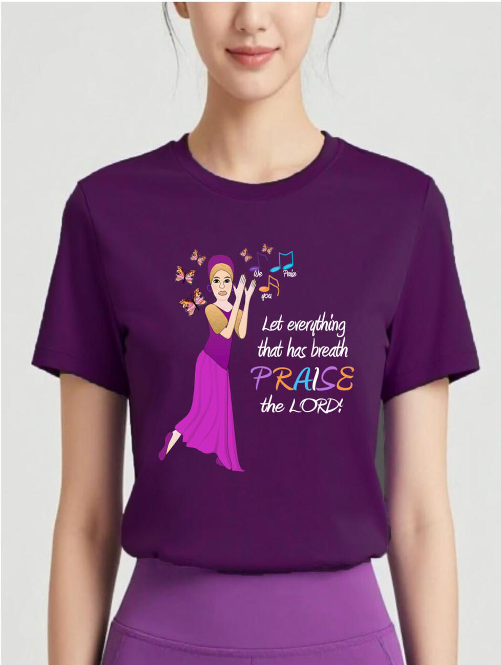Let Everything That Has Breath Praise The Lord Women's, Girl's , Christian T-shirt. Featuring a praise dancer clapping, with butterflies and music notes.
