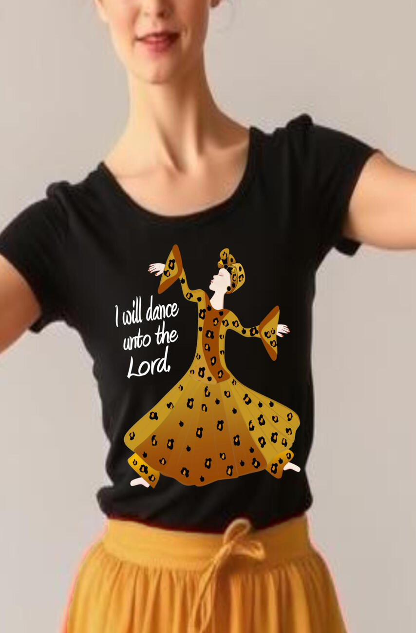 I Will Dance Unto The Lord Women's, Girl's Christian T-shirt. Featuring a praise and worship dancer, wearing a brown and black leopard design liturgical attire.