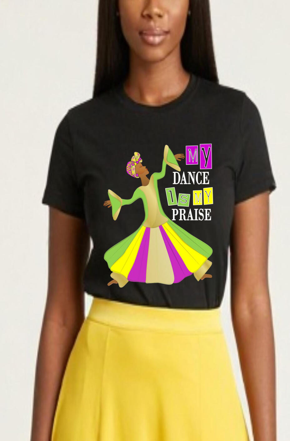 My Dance Is My Praise Women's, Girl's, Christian T-shirts. Featuring a female Praise Dancer wearing liturgical attire.