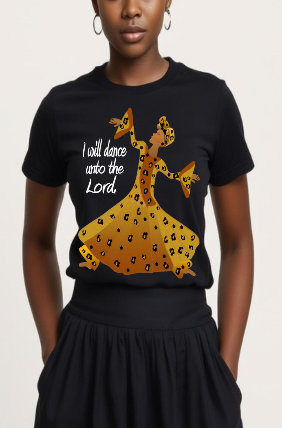 I Will Dance Unto The Lord Women Christian T-shirts. Featuring a female dancer with leopard liturgical attire.