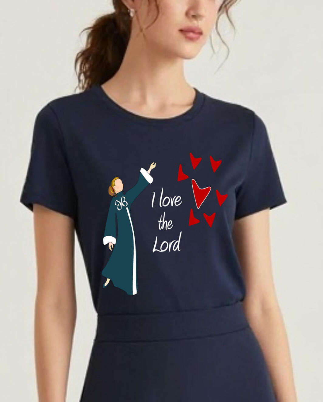 I Love the Lord Women Christian T-shirt. Featuring a woman in liturgical attire and hearts.