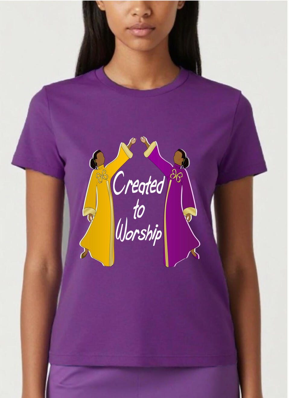 Created To Worship Women's Christian T-shirts. Featuring two women dressed in liturgical attire.