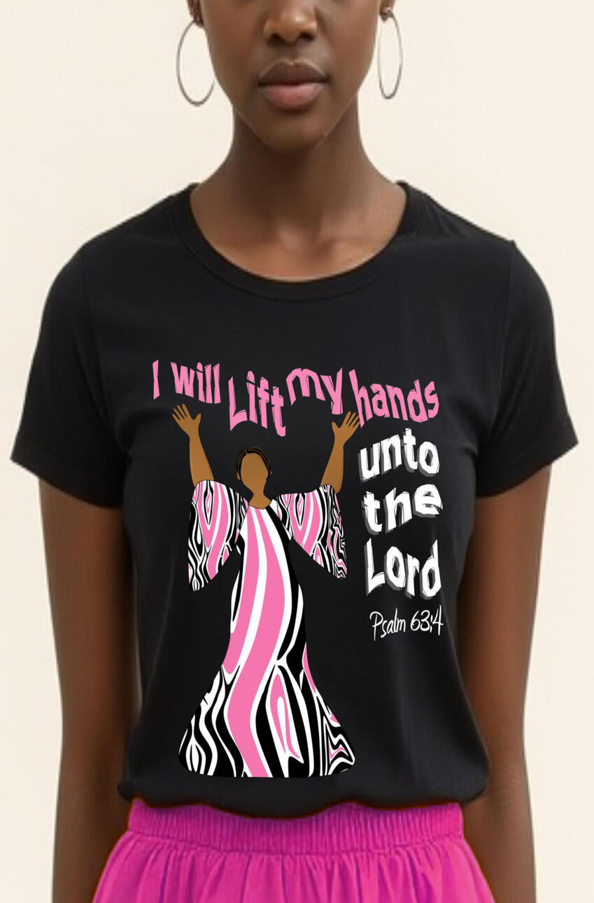 I Will Lift My Hands Unto The Lord. Featuring a praise dancer dressed in pink, white, and black liturgical attire.